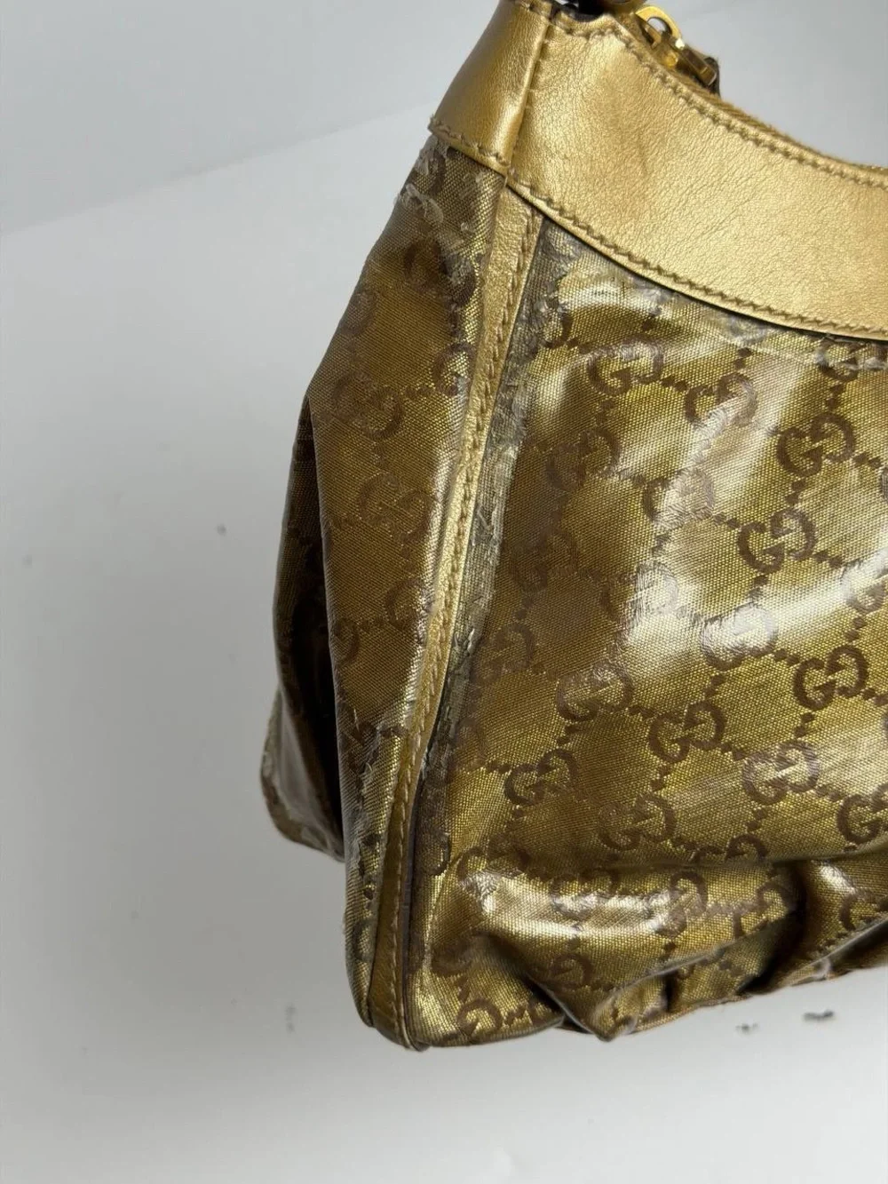Gucci Abby Gold Leather Coated Monogram Canvas Hobo Shoulder Bag - Picture 6 of 16